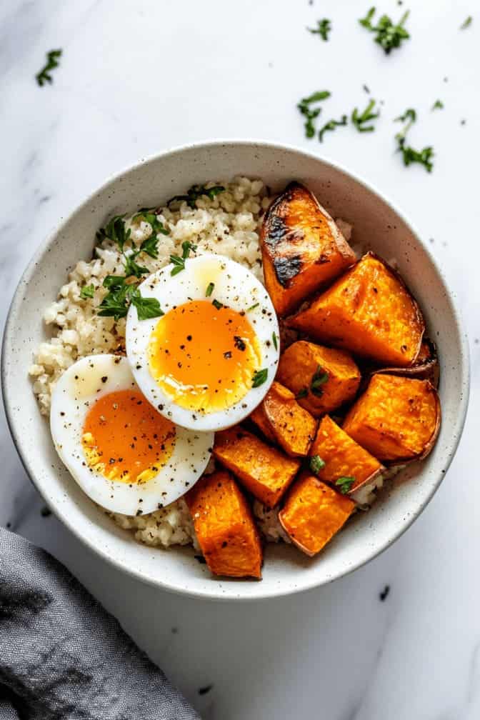 Cauliflower Rice with Egg and Sweet Potato - breakfast options for GDM