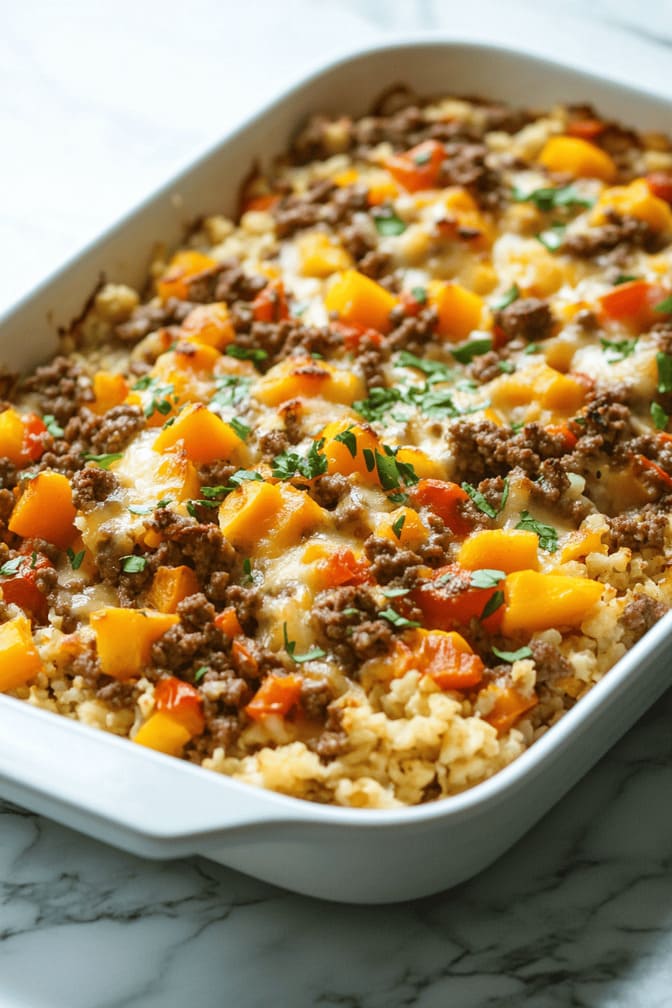 Creamy Beef and Cauliflower Rice Casserole - low carb dinner for gestational diabetes