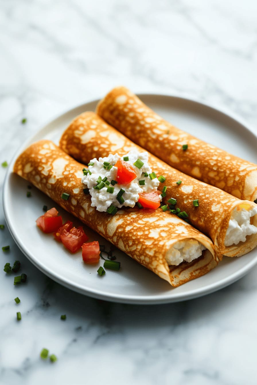 Low-Carb Crepes with Cottage Cheese, Chives, and Diced Tomatoes