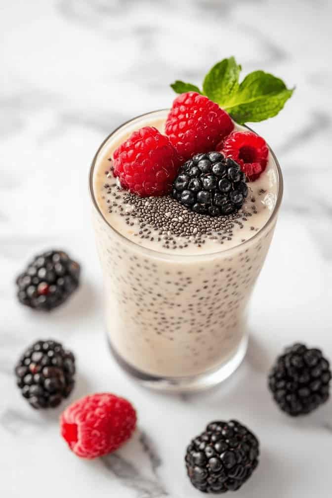 Unsweetened Almond Milk with Chia Seeds and Mixed Berries - healthy evening snacks during pregnancy