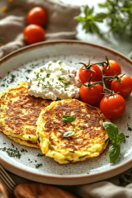 Zucchini Fritters with Cottage Cheese and Cherry Tomatoes recipe