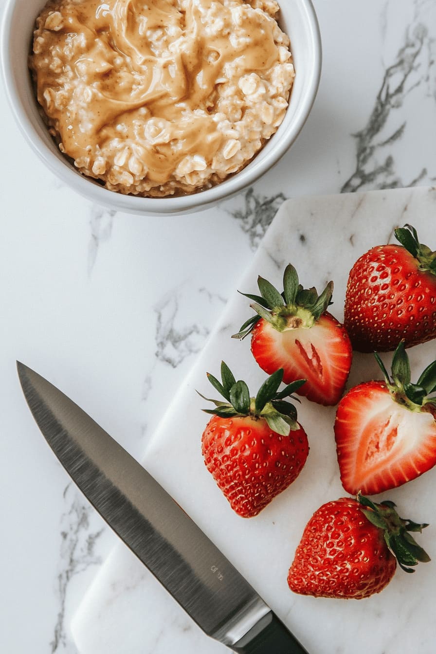 4.	In the morning, give the oats a good stir. Slice 1/2 cup of fresh strawberries and top them on the oatmeal before serving.