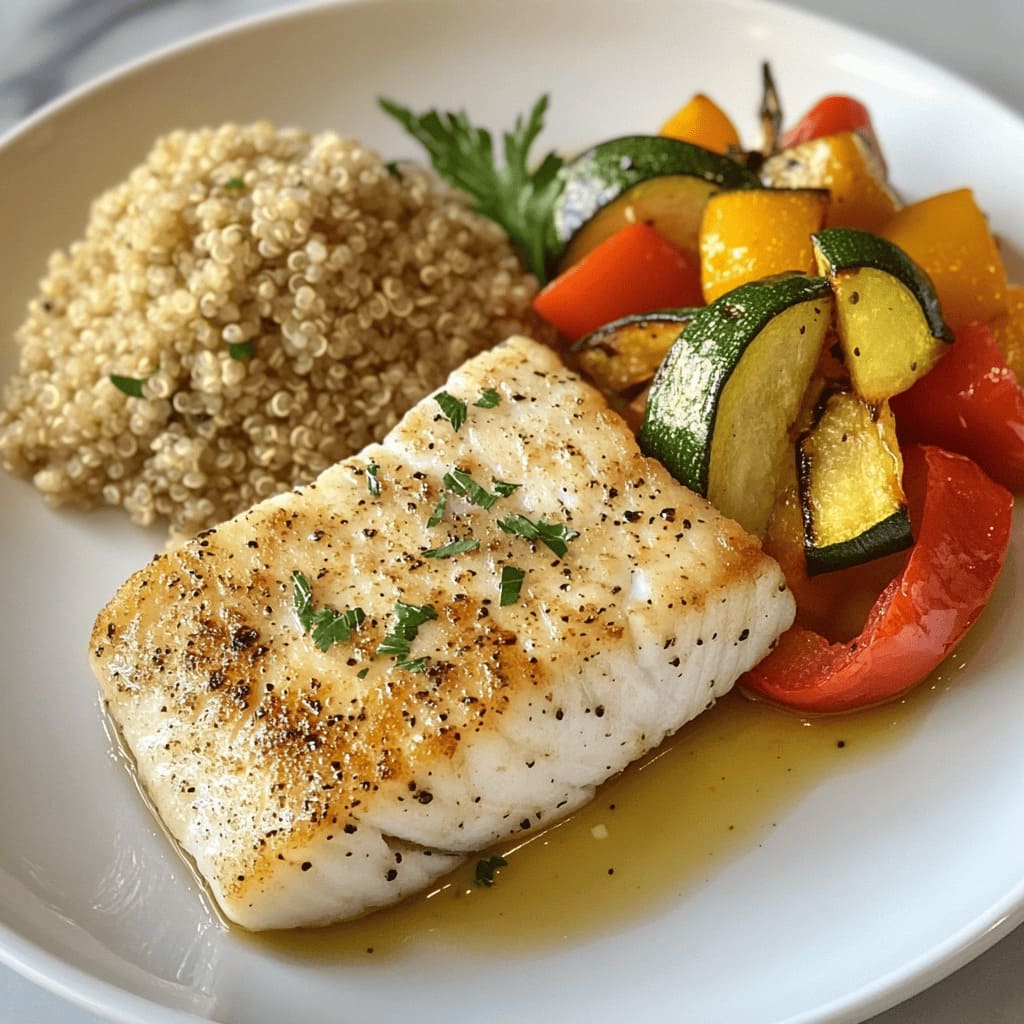 Baked Cod with Roasted Vegetables and Quinoa - easy gestational diabetes lunch recipe during pregnancy