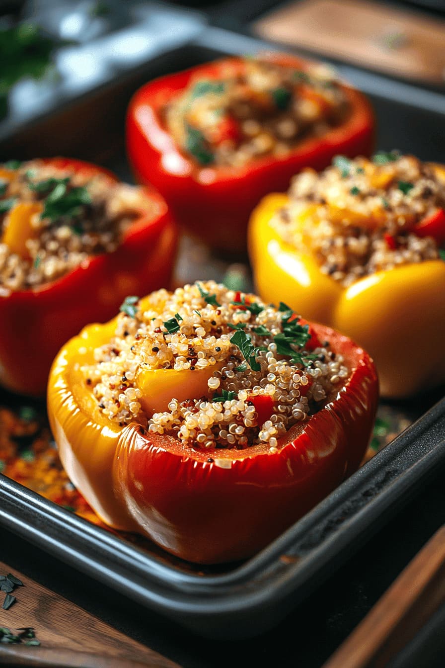 Bell pepper stuffed with quinoa and chicken - a low carb sugar-free rice alternative for diabetics