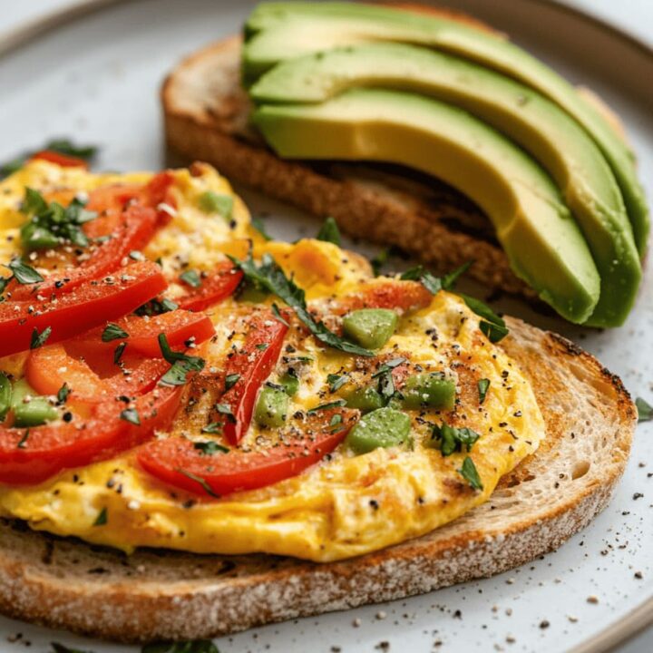 Cheesy Tomato and Avocado Omelette with Wholegrain Toasts, perfect as gestational diabetes breakfast recipe