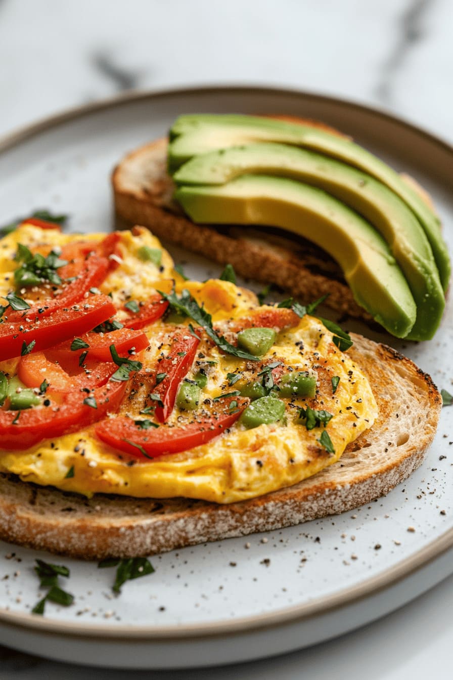 Cheesy Tomato and Avocado Omelette with Wholegrain Toasts, perfect as gestational diabetes breakfast recipe