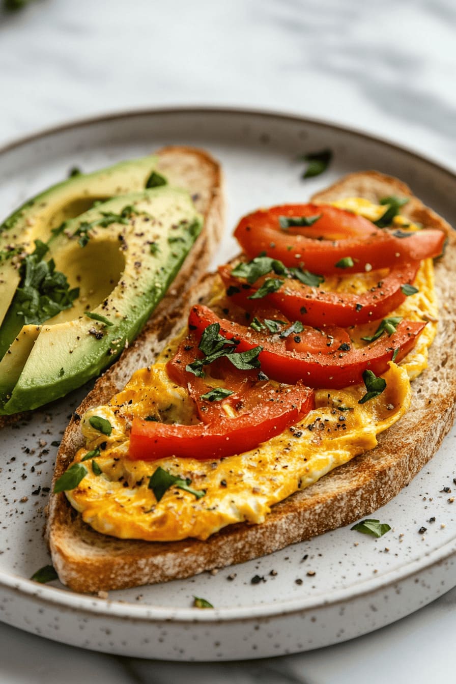 Cheesy Tomato and Avocado Omelette with Wholegrain Toasts, perfect as gestational diabetes breakfast recipe