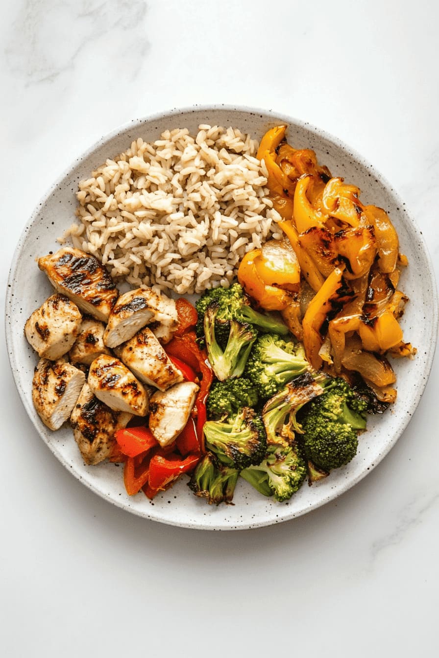 Chicken, roasted veggie and brown rice - a low carb sugar-free rice alternative for diabetics