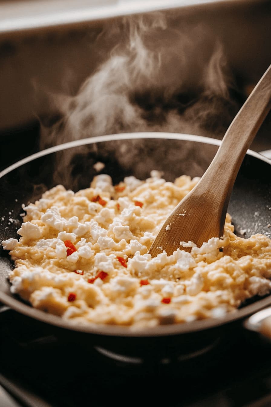 Cooking feta chilli scrambled eggs in the skillet