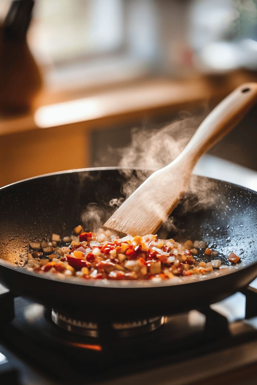 Cooking onion and red chilli in the skillet