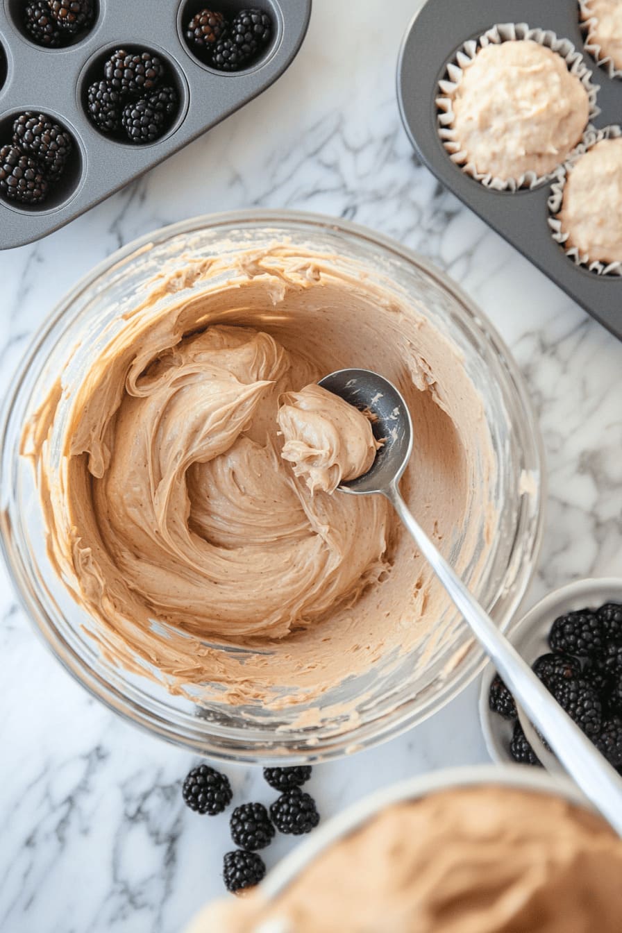 Filling muffin tin with banana blackberry muffins batter