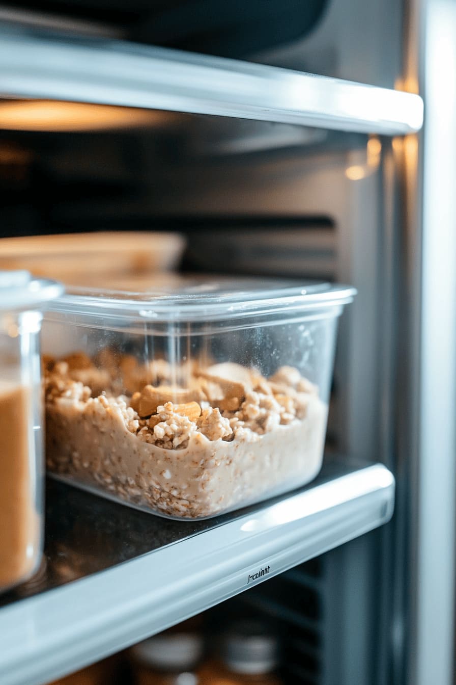 3.	Cover the bowl or jar with a lid or plastic wrap. Place it in the refrigerator overnight (or at least 6-8 hours) to allow the oats to soften and absorb the liquid.