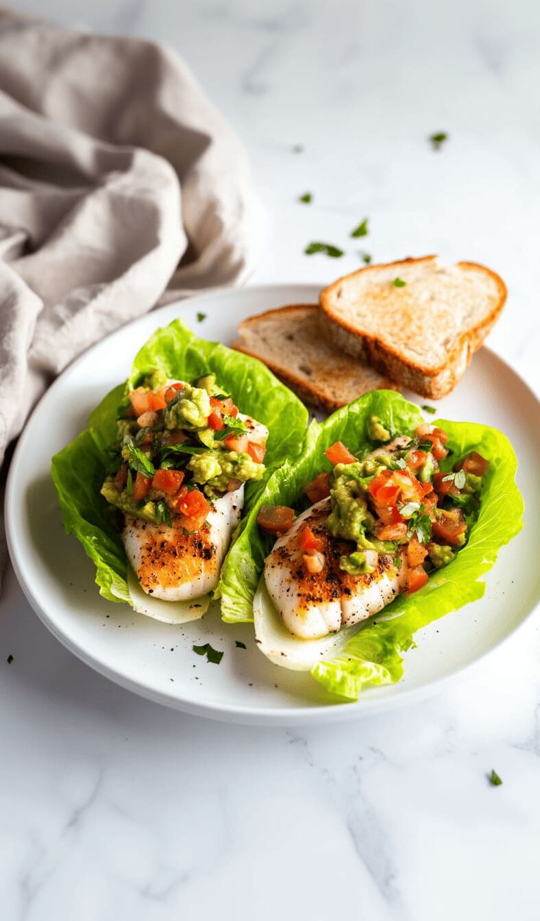 Grilled Halibut and Guacamole Lettuce Wraps