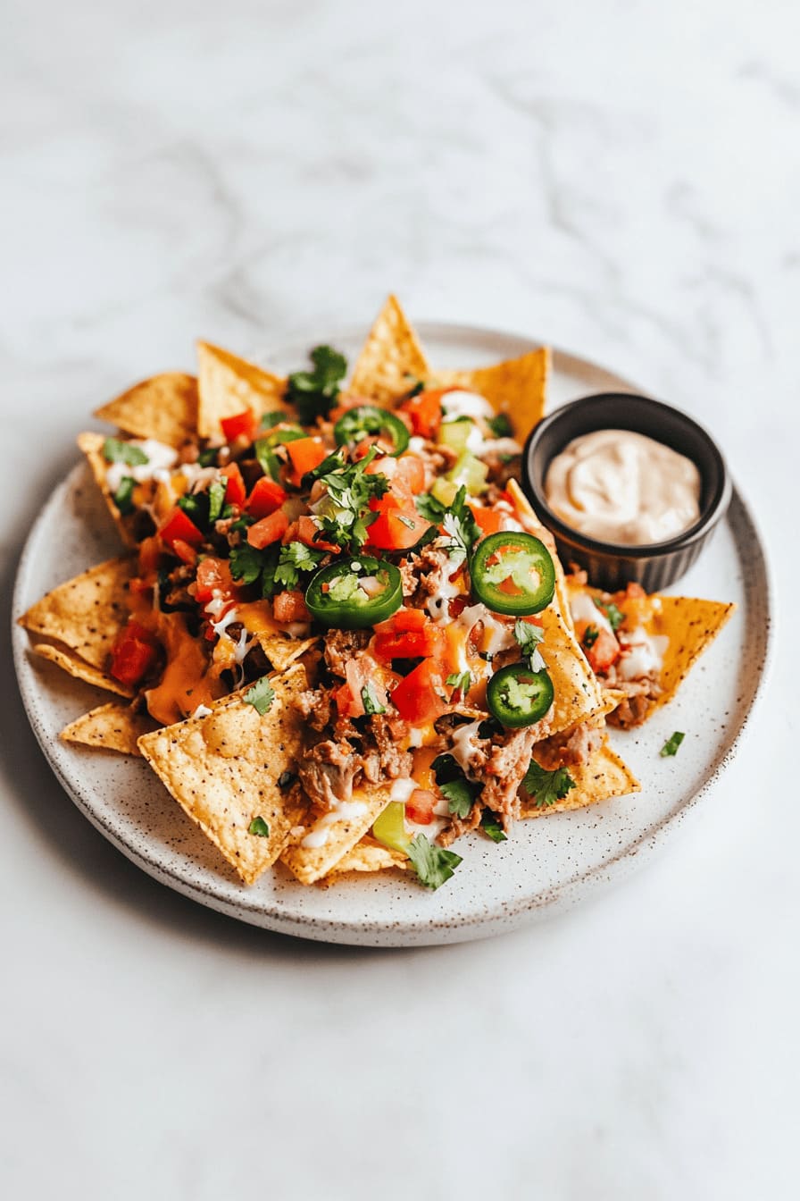 Pork Nachos with Cheese Dip and Veggies