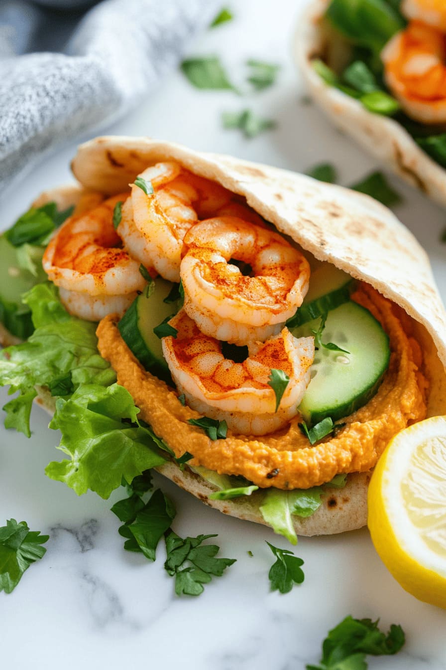 Shrimp and Roasted Red Pepper Hummus Pita