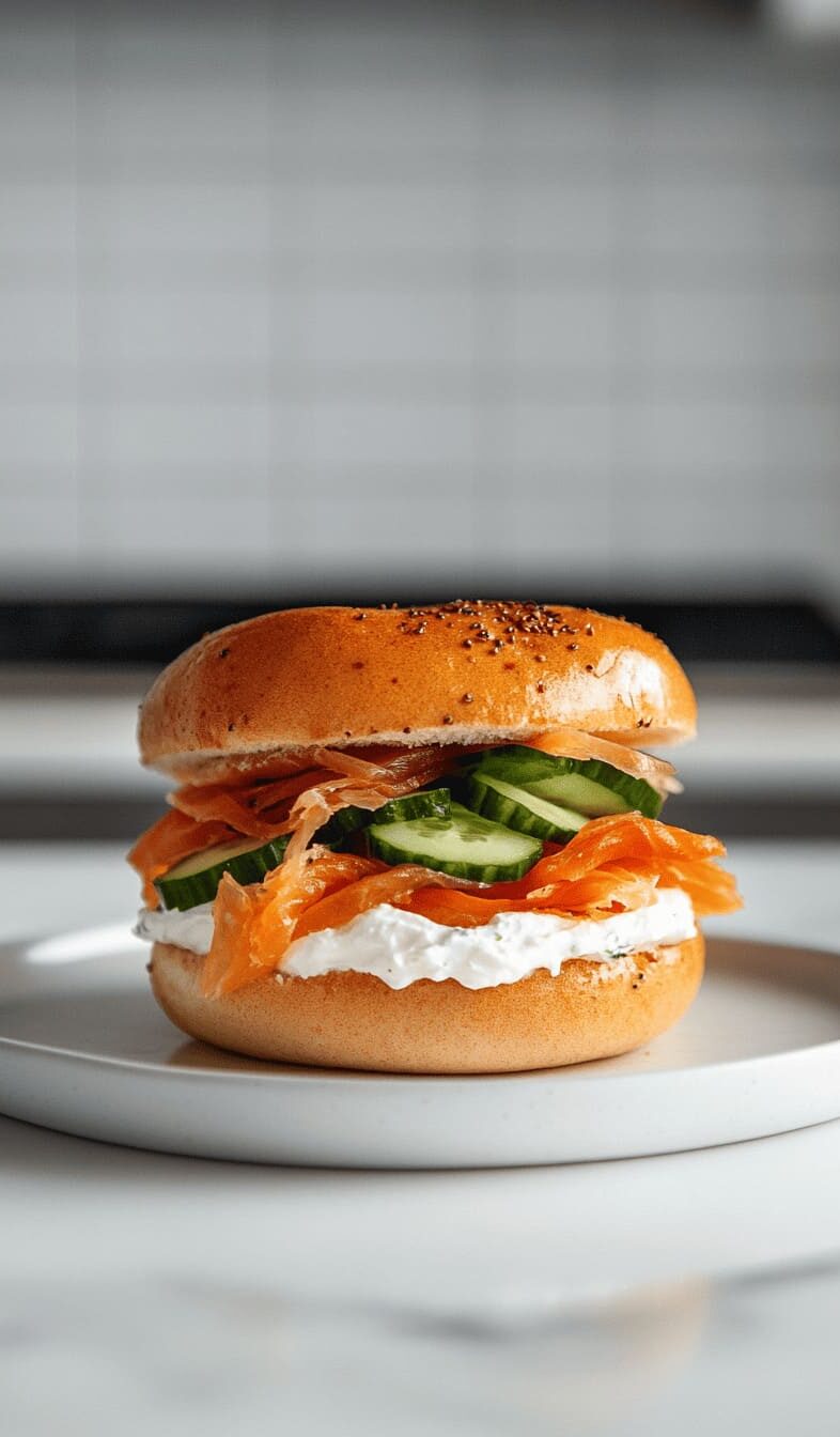 Smoked Salmon Bagel with Cream Cheese and Cucumber