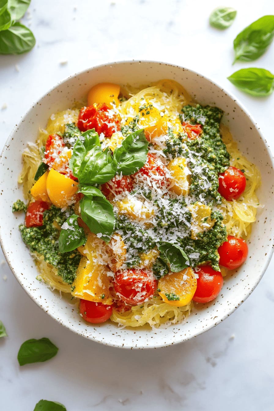 Spaghetti Squash with Pesto and Veggies