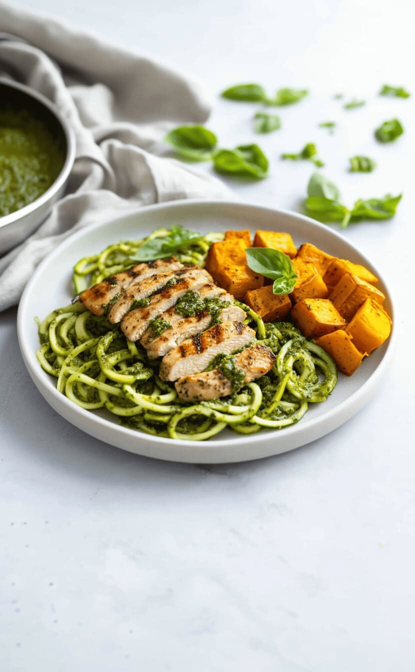 Zucchini Noodles with Pesto and Grilled Chicken