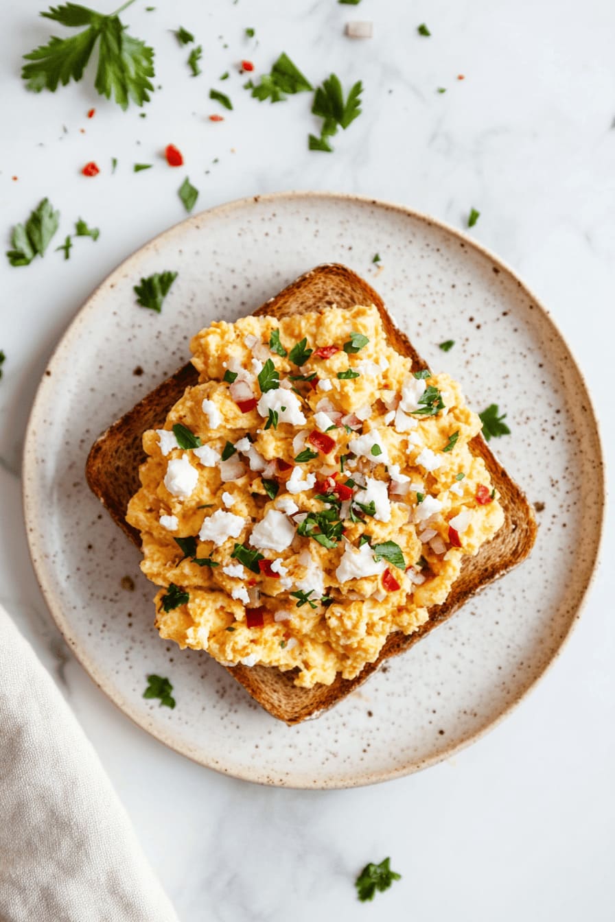 easy, healthy cafe styled feta Chilli scrambled eggs on toast, for gestational diabetes breakfast recipes 1