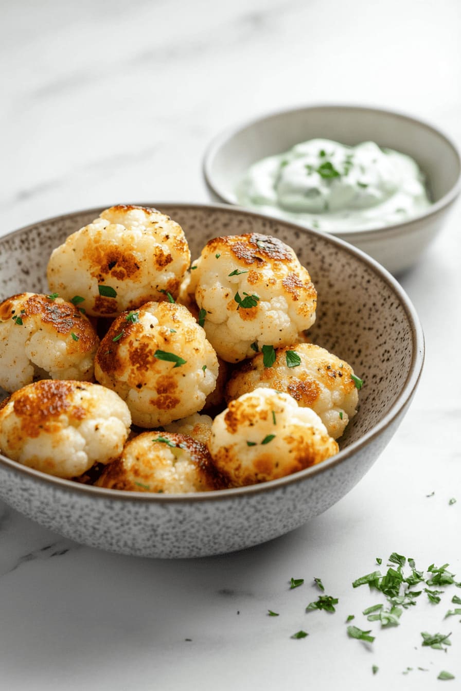 roasted cauliflower bites with tzatziki sauce - healthy snacks with gestational diabetes