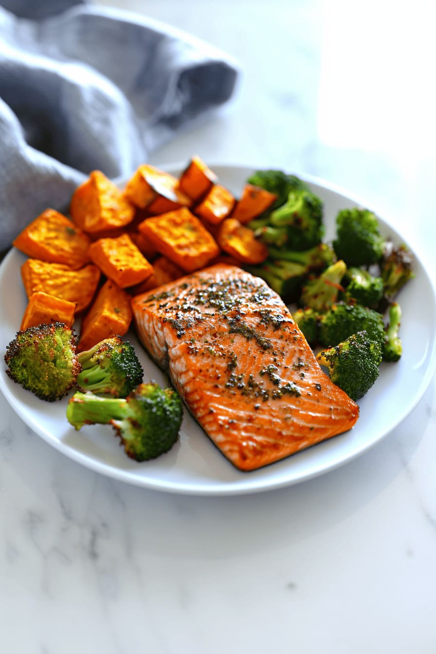 Baked salmon with roasted sweet potatoes and broccoli