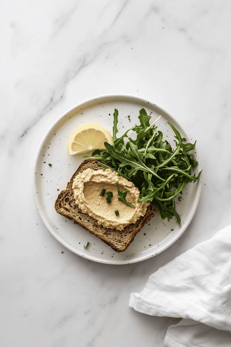 Whole Grain Toast + Hummus + Arugula - low carb breakfast ideas for diabetics