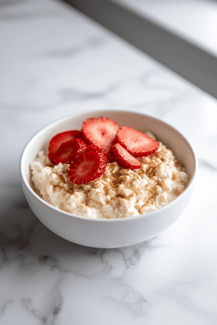 Cottage cheese with sliced strawberries and cinnamon