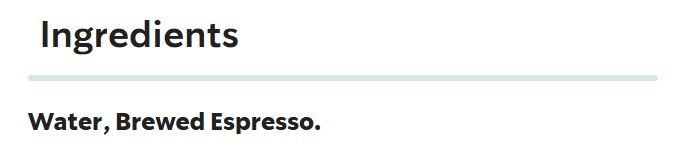 Ingredient list for Americano
