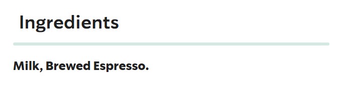 Ingredient list for Caffè Latte