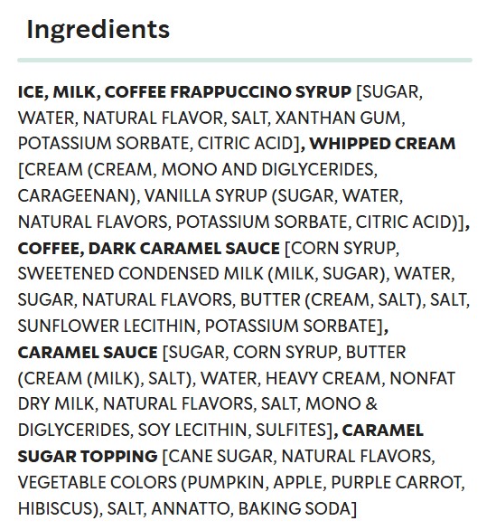 Ingredient list for Caramel Ribbon Crunch Frappuccino
