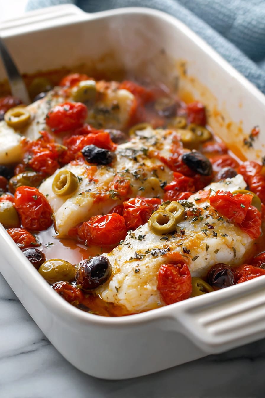 Mediterranean Cod Casserole With Olives and Tomatoes - healthy casseroles for diabetics