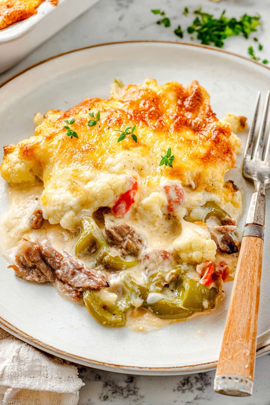 Philly Cheesesteak Cauliflower Casserole