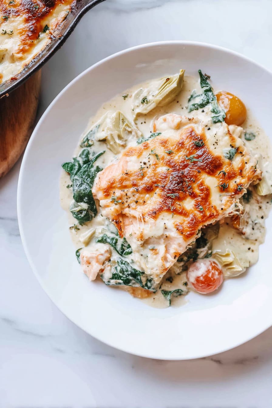 Salmon, Spinach, and Artichoke Bake